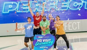 Image of Dude Perfect with confetti for their giveaway